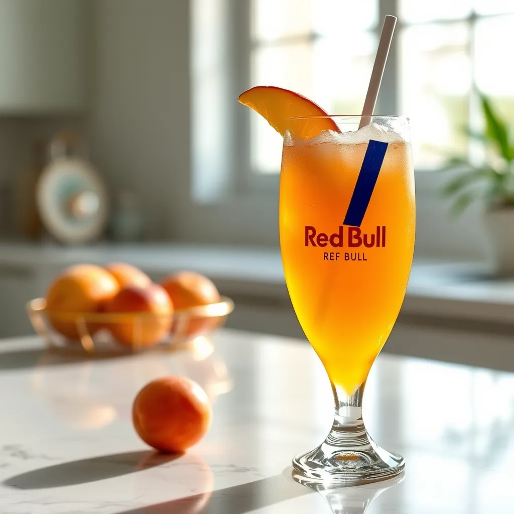 A vibrant peach and mango Redbull refresher on a marble counter