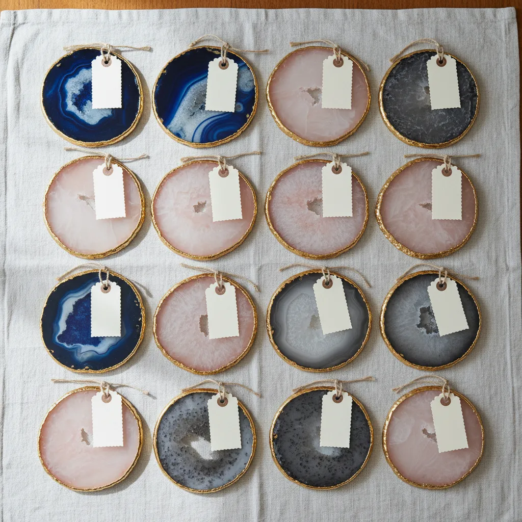 Comparison of blue pink and natural agate slices for wedding favors