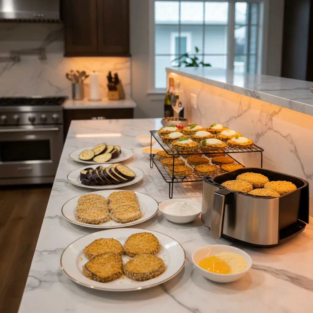 Organized kitchen counter setup for air frying eggplant in multiple batches