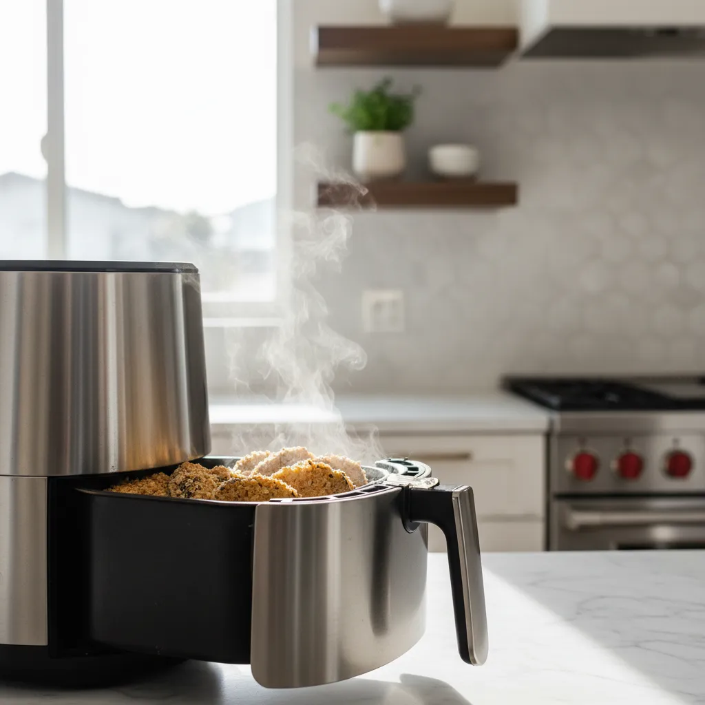 Crispy almond flour eggplant rounds inside an air fryer basket