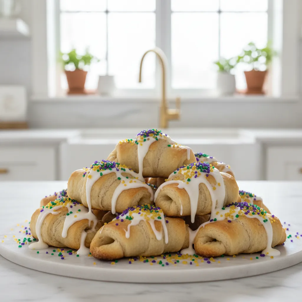 Golden air fried crescent roll bites with mardi gras sugar and icing on a marble tray