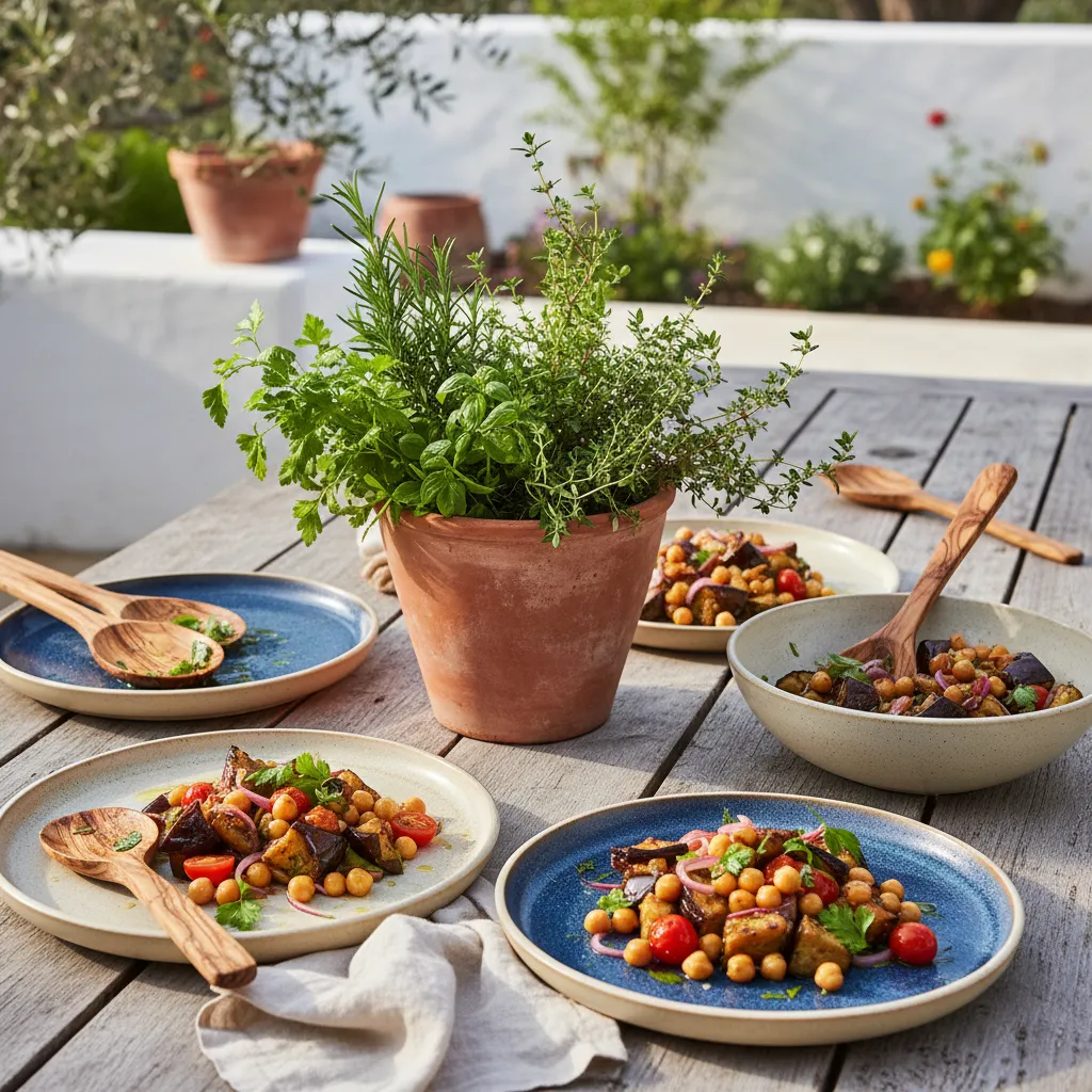 Matte ceramic plates and olive wood servers on outdoor table