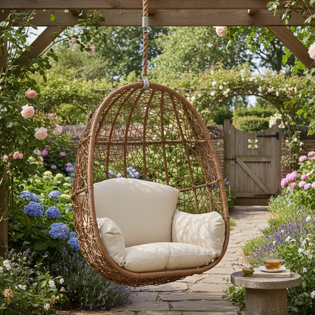 Resin wicker egg chair hanging in a garden setting