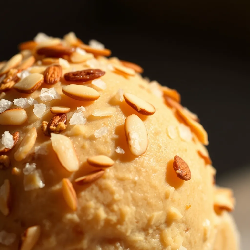 Close up of toasted almonds and sea salt crystals.