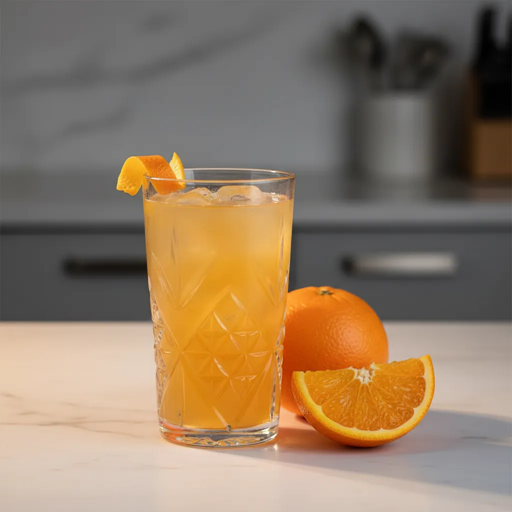 A sophisticated amaretto and orange juice cocktail in a crystal glass on a marble surface with fresh citrus.