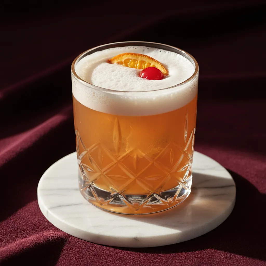 Amaretto Sour cocktail featuring thick egg white foam and orange garnish on a marble coaster