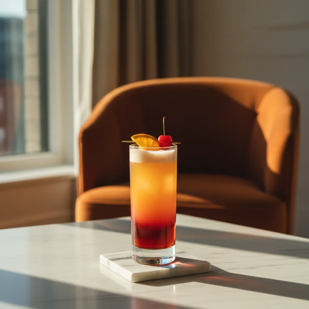 Amaretto sunrise fizz cocktail with orange juice and grenadine on a marble table