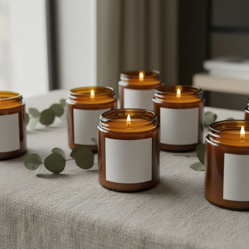Amber glass soy candles with minimalist labels on linen table