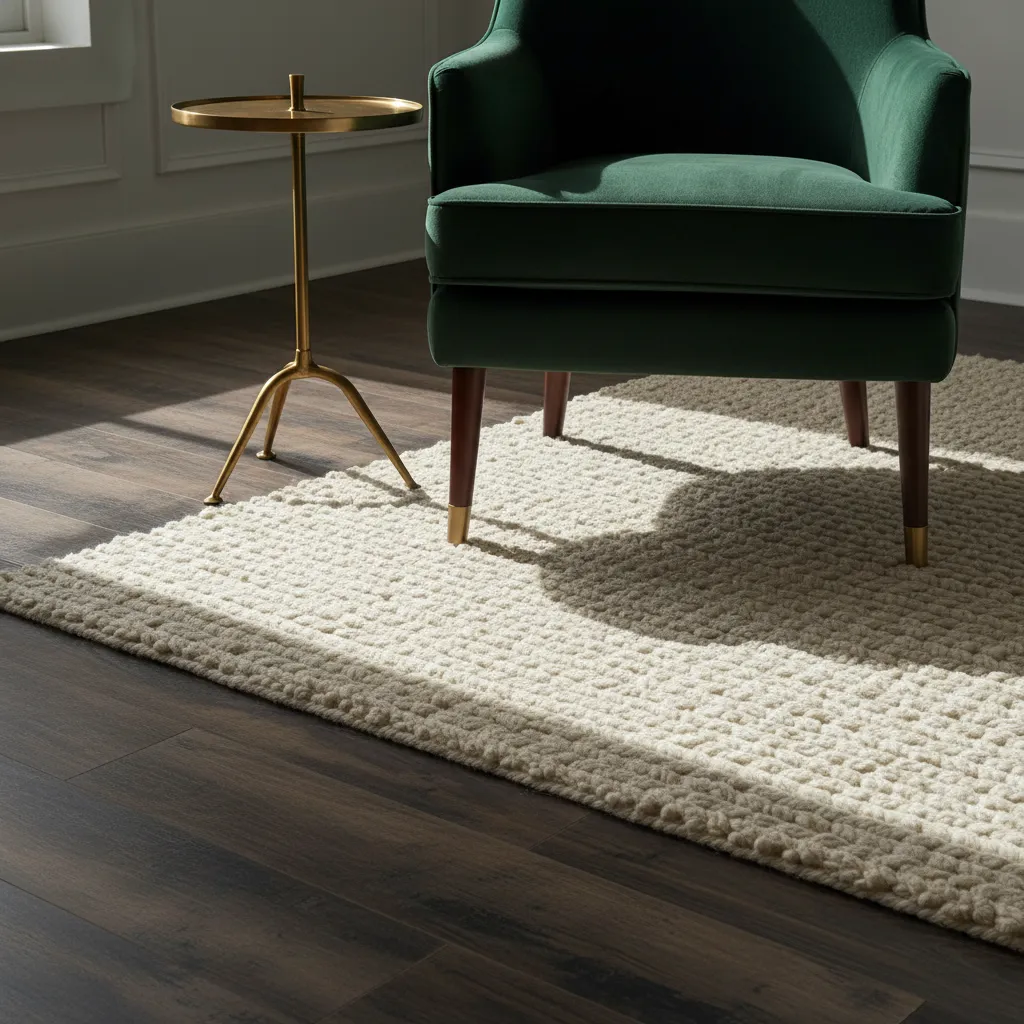 Diagonal area rug layout on wood floor in small living room