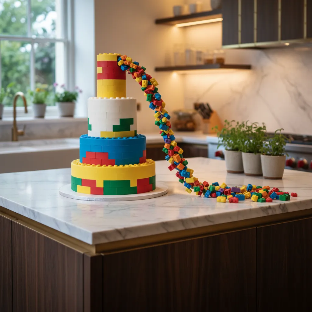 A gravity-defying cake design featuring a floating container pouring colorful fondant bricks onto a white tiered base on a marble kitchen island.