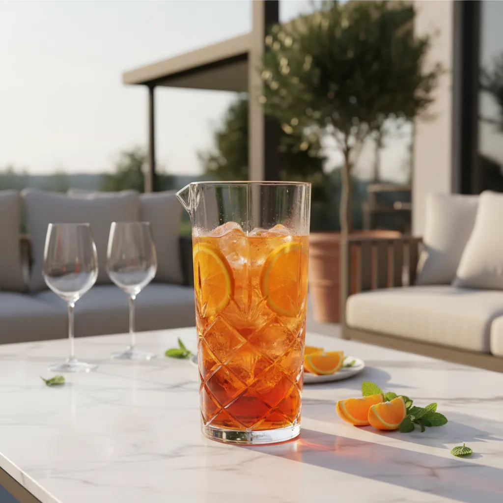 Crystal pitcher filled with Aperol Spritz and orange slices on a luxury outdoor marble table during sunset