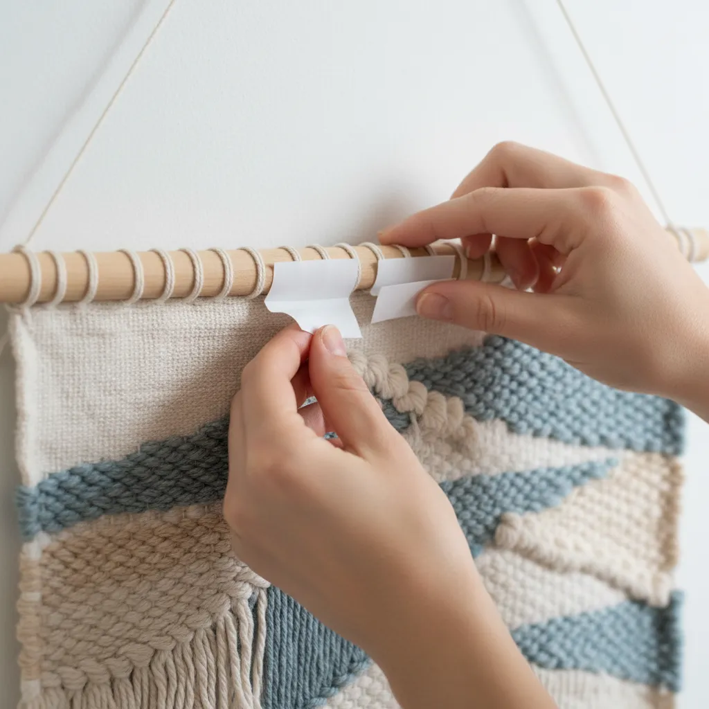 Hands applying damage-free adhesive strips to the back of a woven tapestry