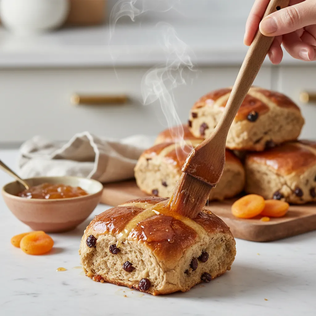 Pastry brush applying shiny apricot glaze to fresh hot cross buns