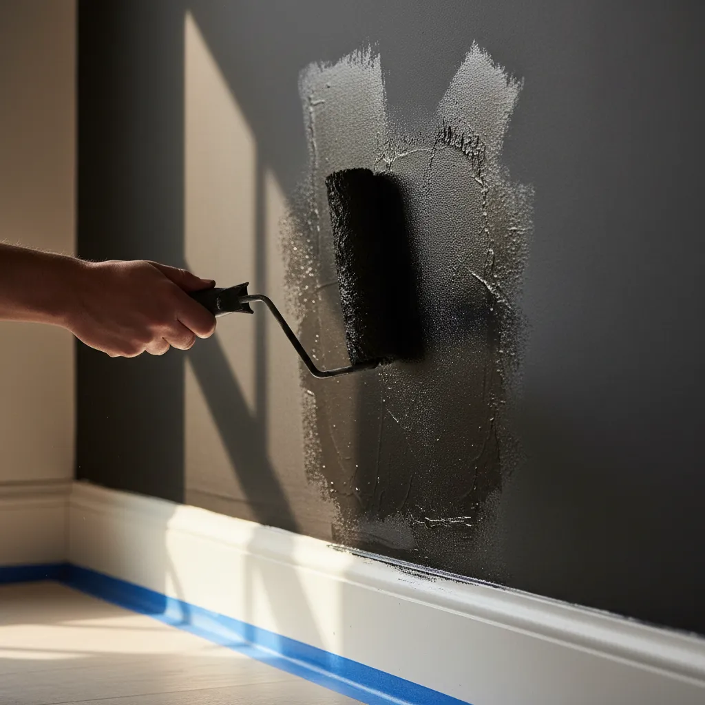 Detail shot of applying matte black chalkboard paint to a kitchen wall