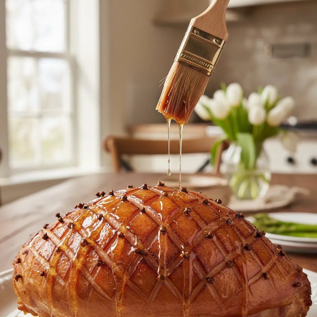 Basting brush applying shiny honey glaze to a scored roasted ham