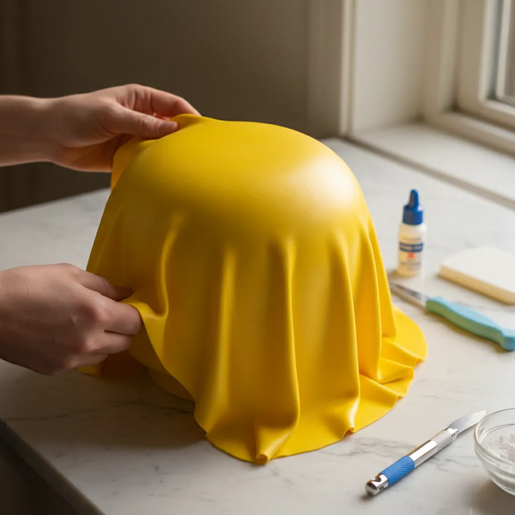 Draping yellow fondant over a cake to create a smooth plastic look