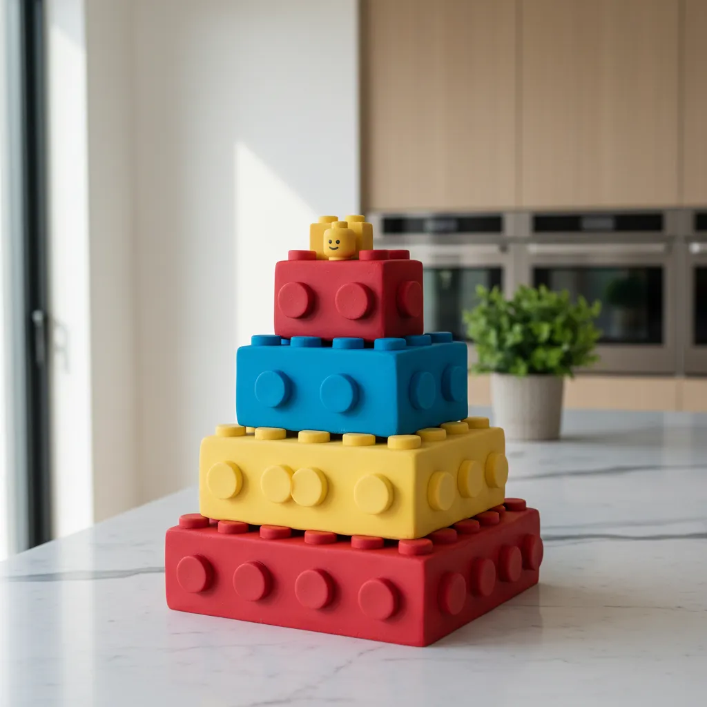 Multi-tiered fondant cake shaped like stacked Lego bricks on a marble counter