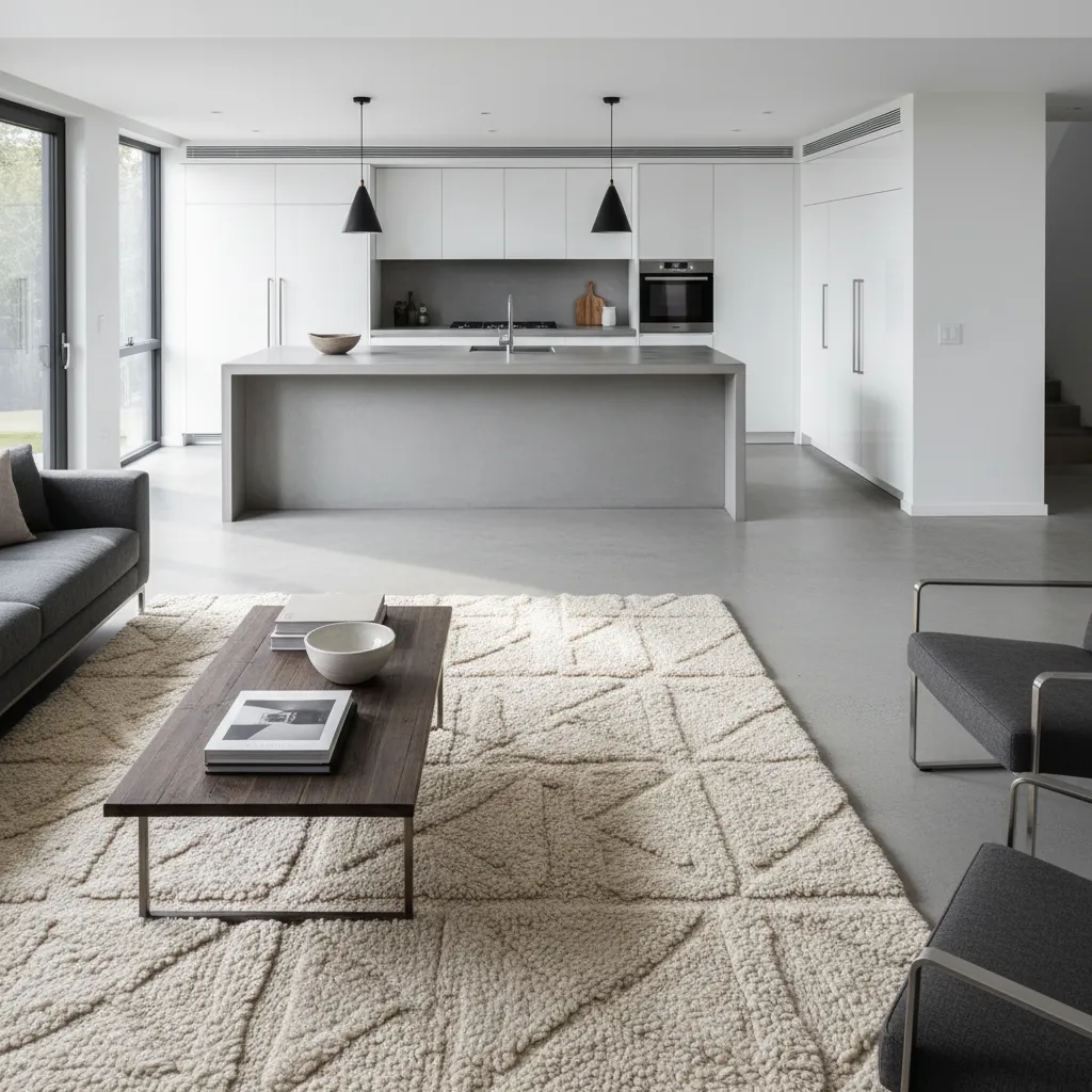 Large wool area rug anchoring furniture in an open concept living room