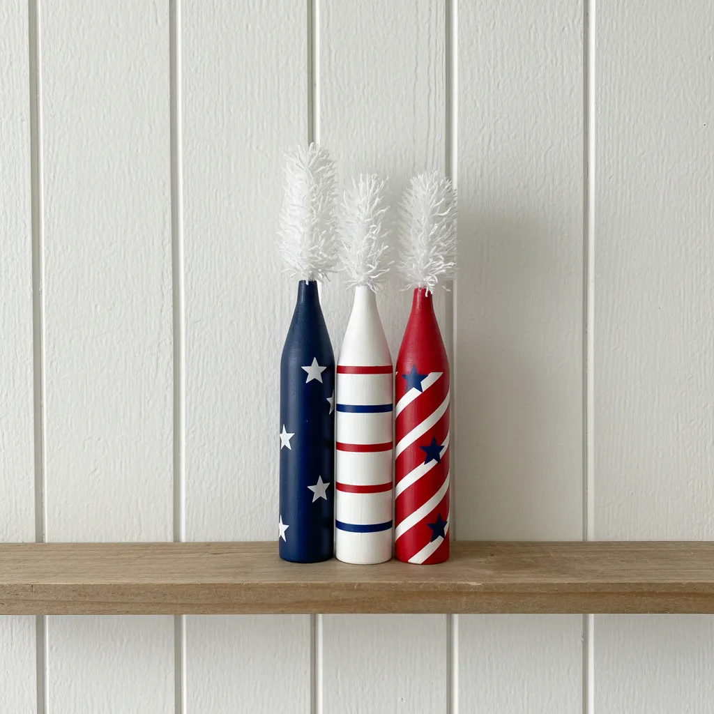 Cluster of red white and blue wooden firecrackers
