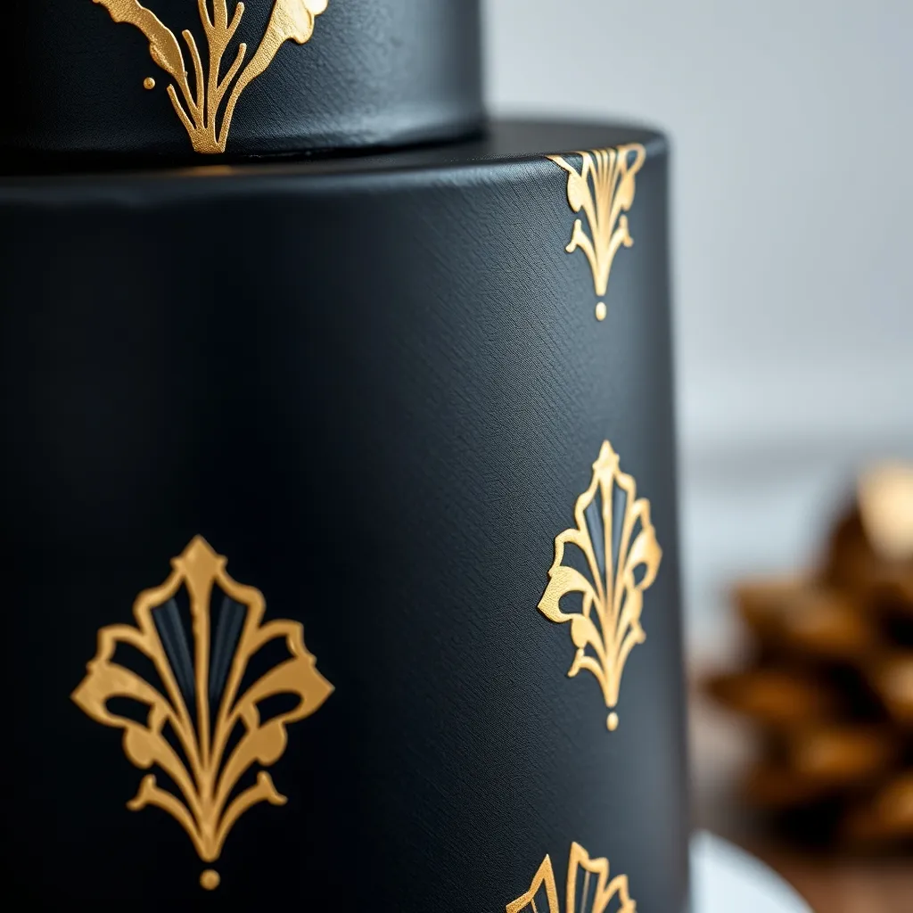 Close-up of gold geometric patterns on a black fondant cake