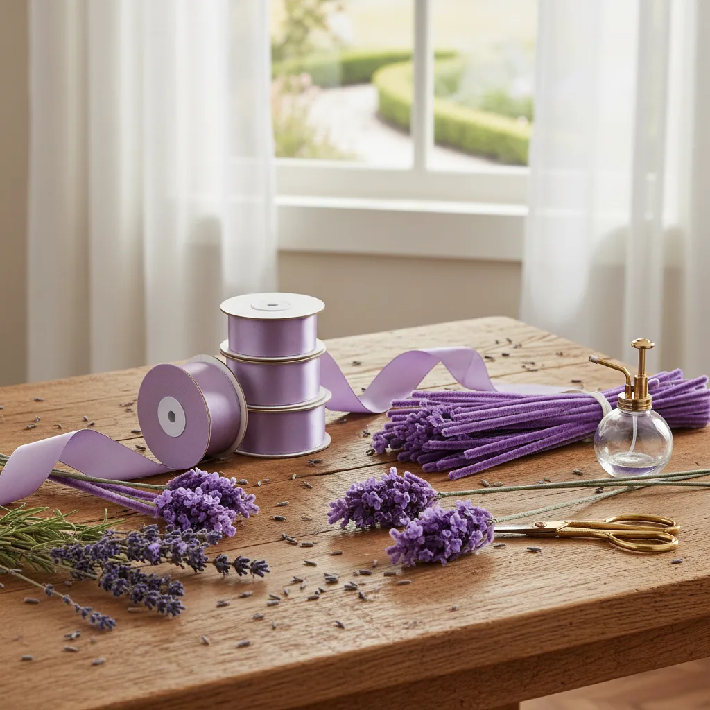 Luxury crafting materials for handmade lavender including silk ribbons and textured pipe cleaners