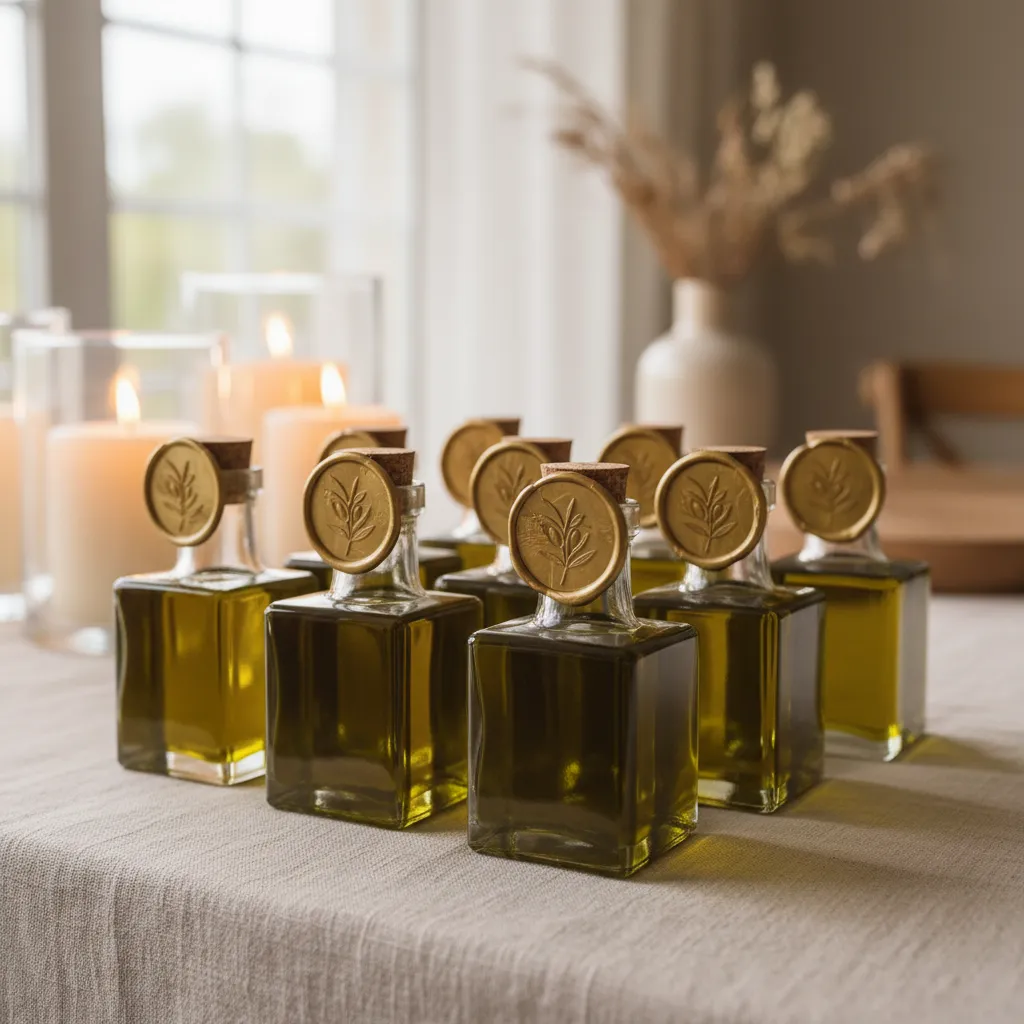 Miniature glass olive oil bottles with gold wax seals on a wedding reception table