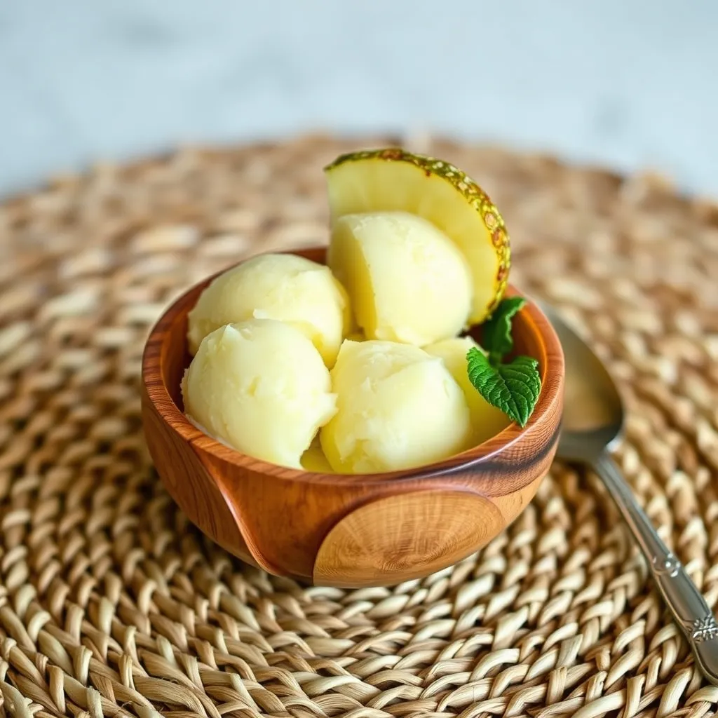 Artisan wooden bowl with tropical banana and pineapple dessert