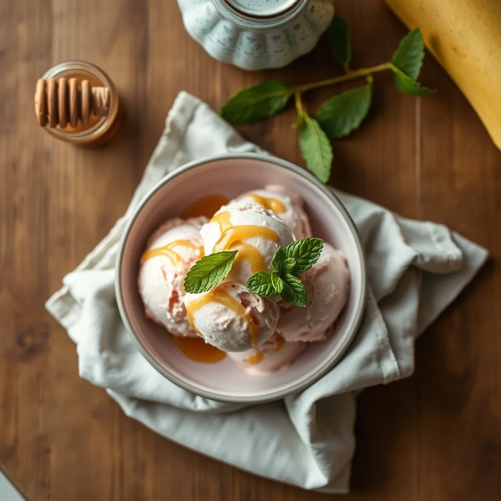 Overhead view of strawberry banana ice cream served in an artisanal bowl on a wooden table.
