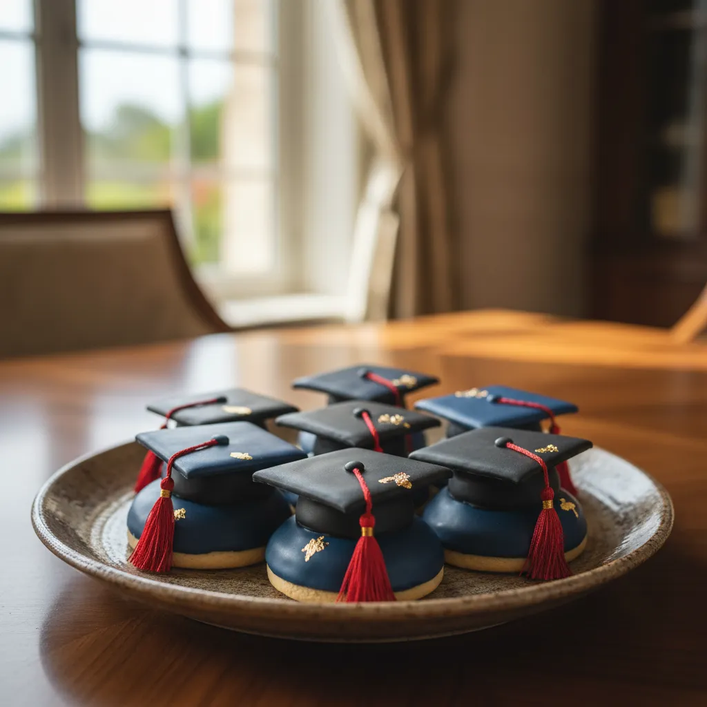 Graduation cap sugar cookies with gold leaf and tassels