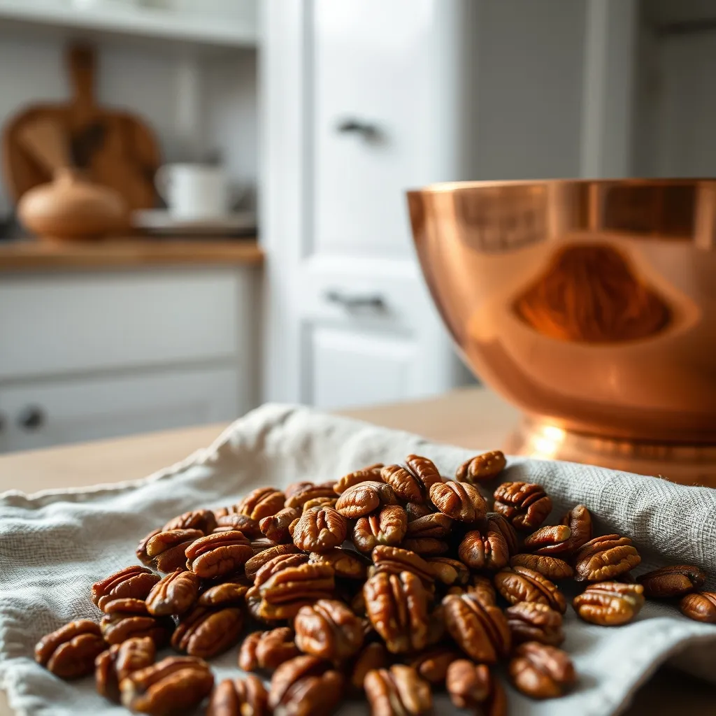 Golden toasted pecans on a linen towel for coffee cake preparation