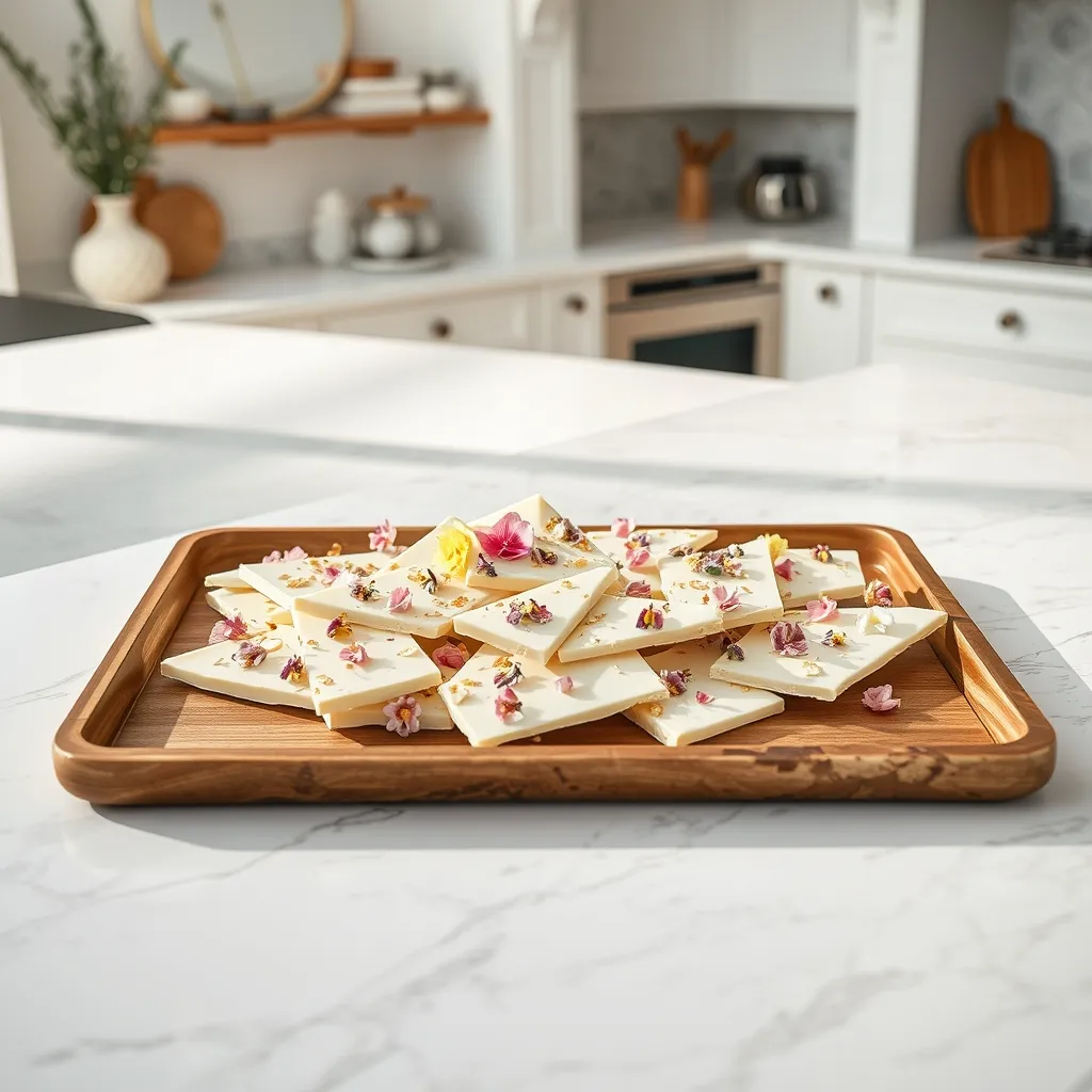 Pastel floral white chocolate bark on a marble kitchen island
