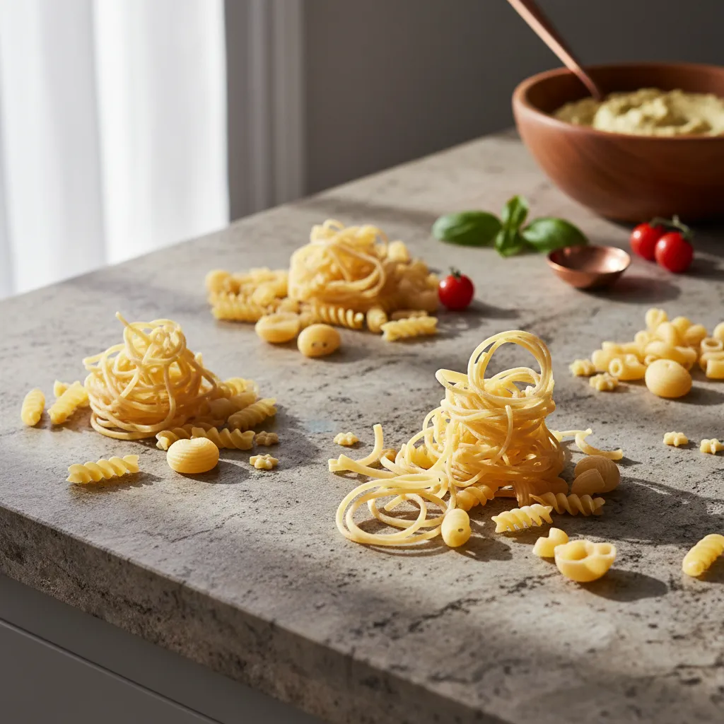 Dry pasta shapes displayed on a designer stone countertop