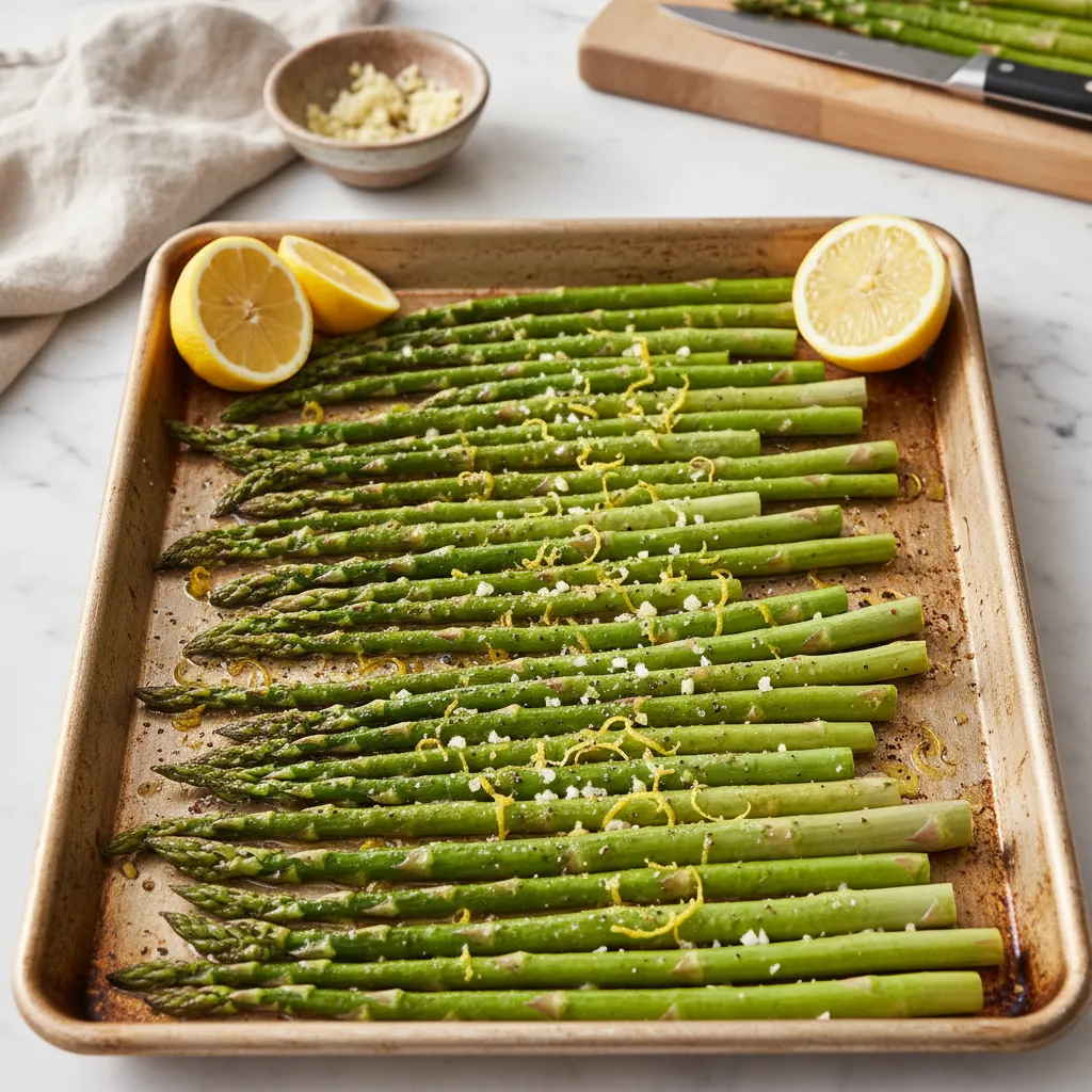 Asparagus prepared on a baking sheet for roasting
