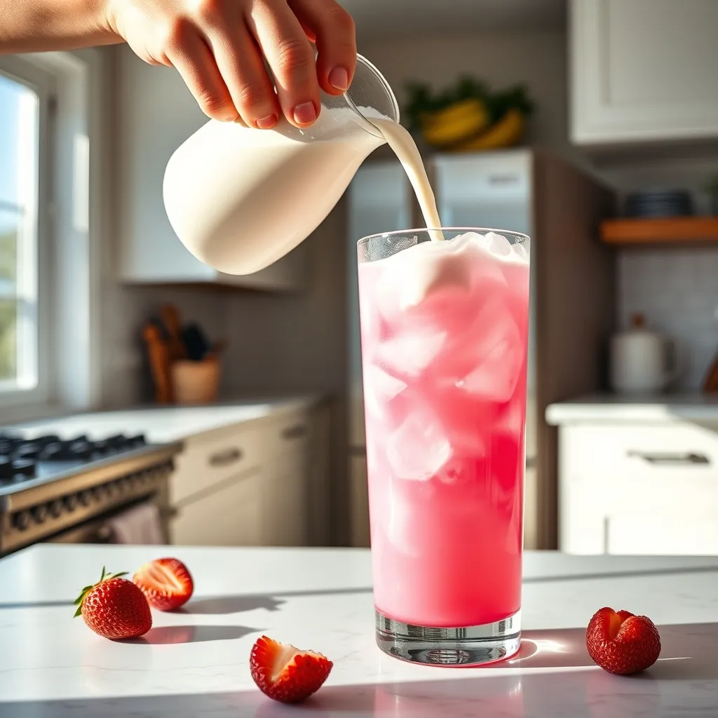 Step-by-step assembly of a homemade Starbucks Pink Drink, showing coconut milk being poured into a glass with acai berry tea and strawberries.