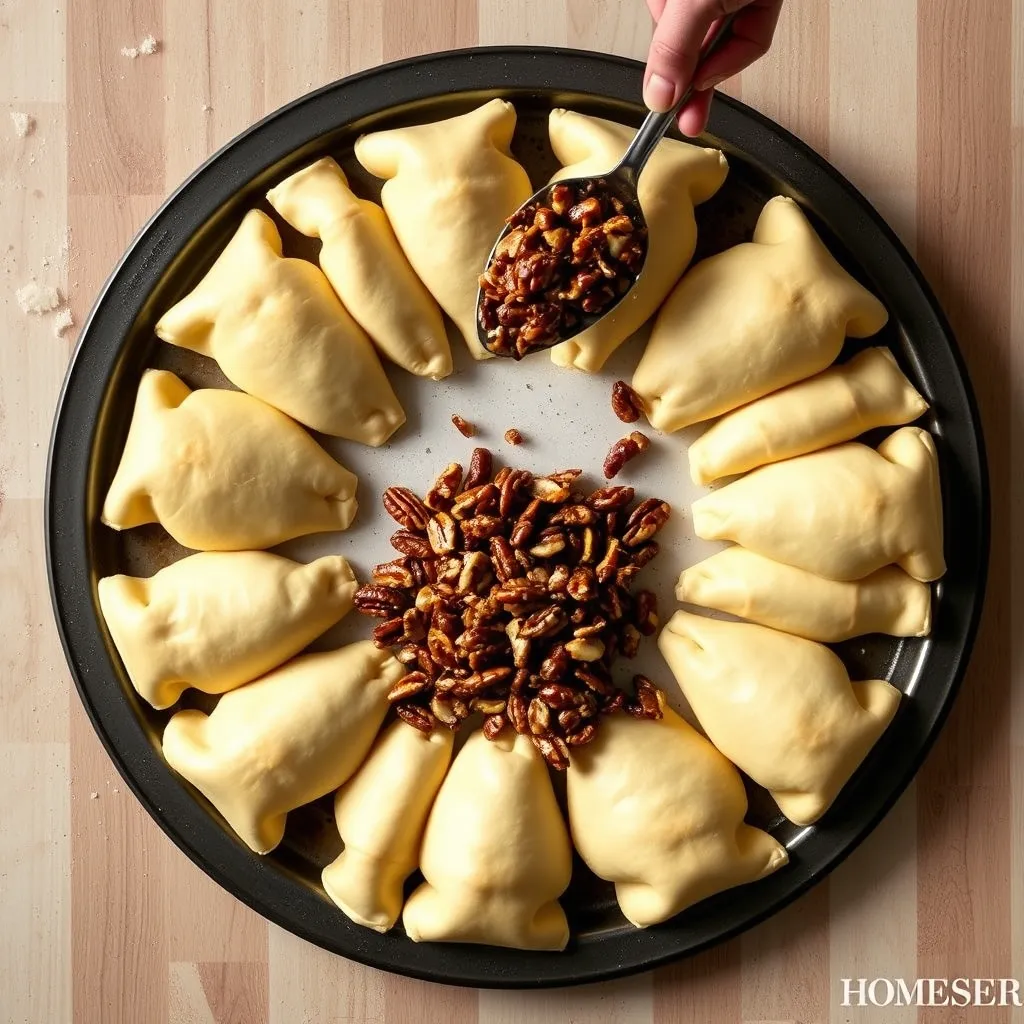 Process of spreading pecan praline filling on crescent roll dough triangles