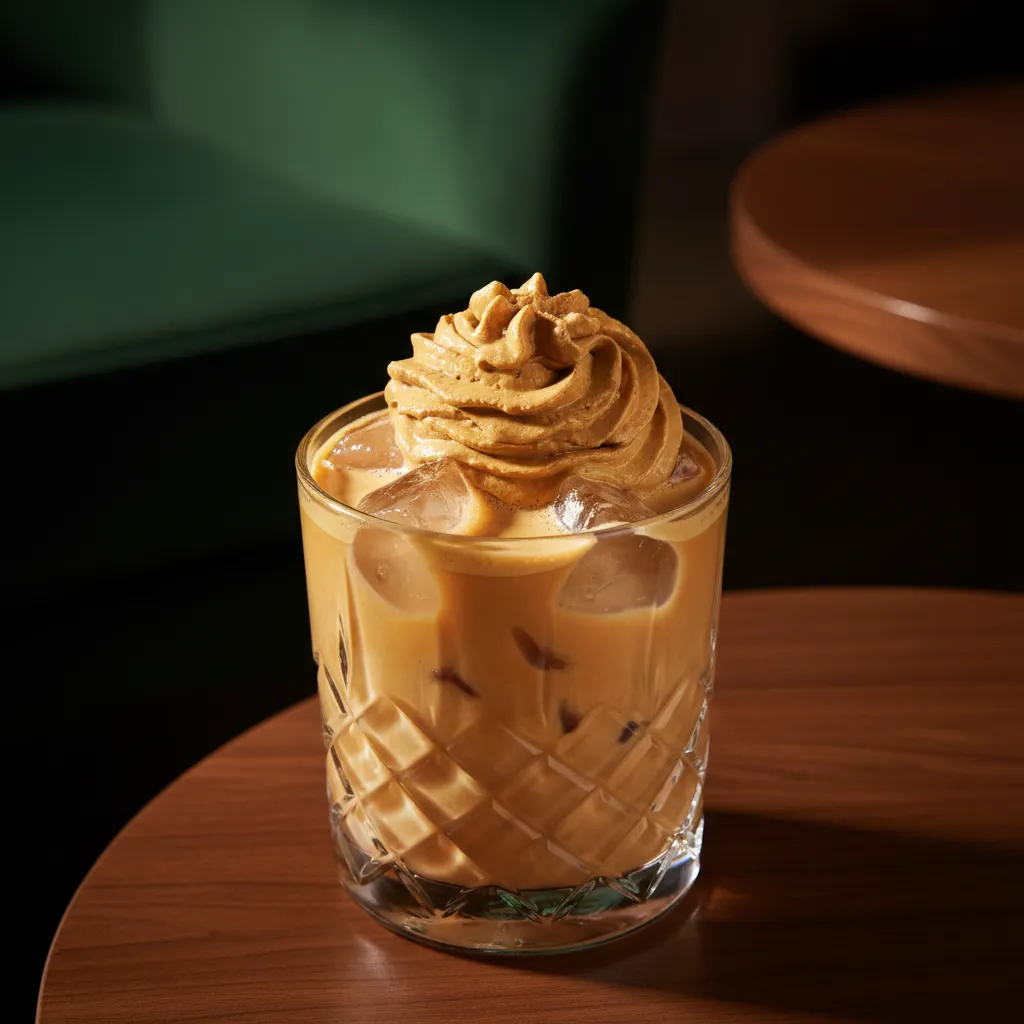 Crystal glass with Baileys and whipped coffee foam on a walnut table