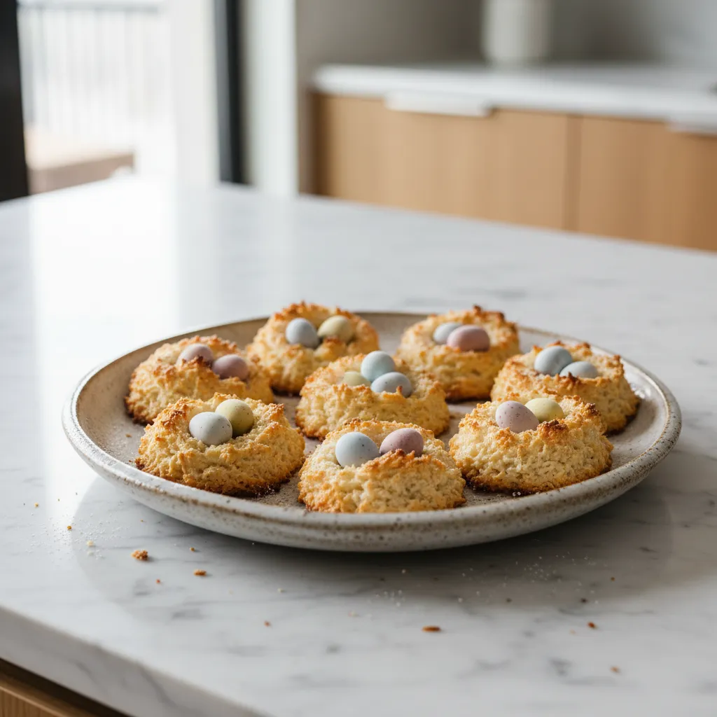 Golden baked coconut macaroon nests filled with pastel mini eggs on a ceramic plate