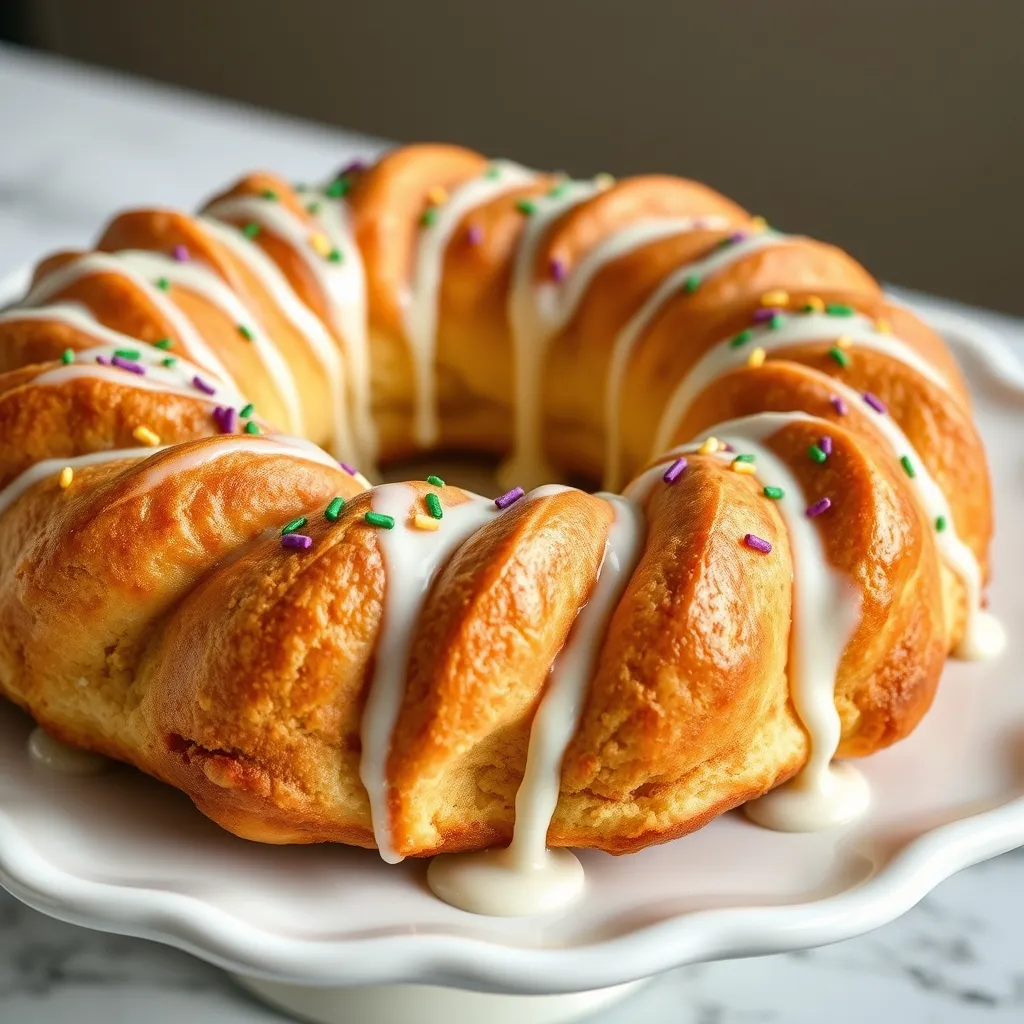 Close up of baked crescent roll king cake with white glaze and colorful Mardi Gras sugar sprinkles