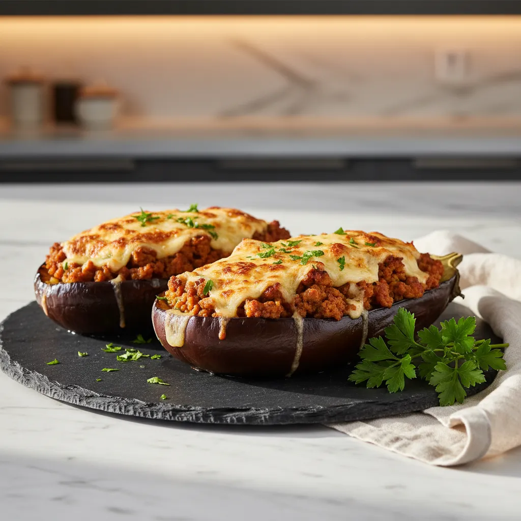 Roasted eggplant boats filled with savory ground turkey and herbs on a slate platter