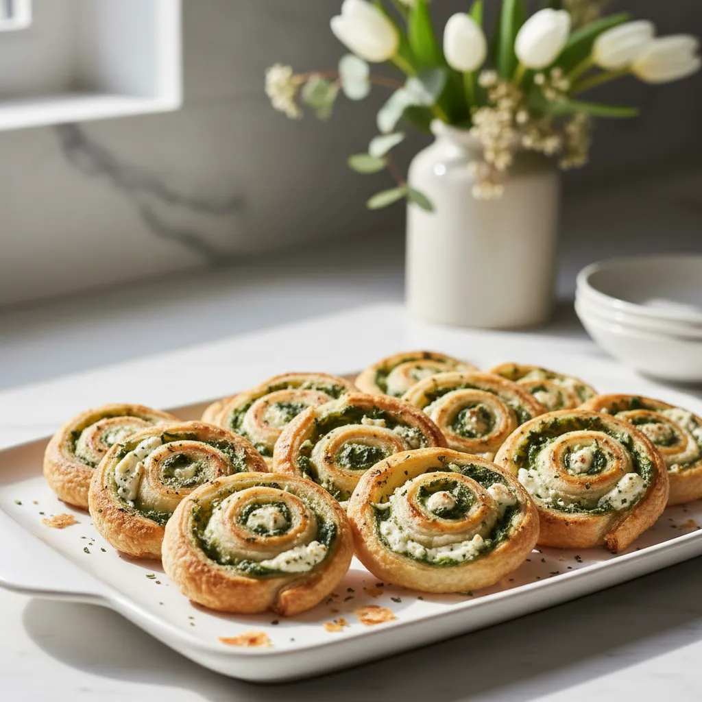 Golden baked puff pastry pinwheels with spinach and artichoke filling arranged on a ceramic serving platter