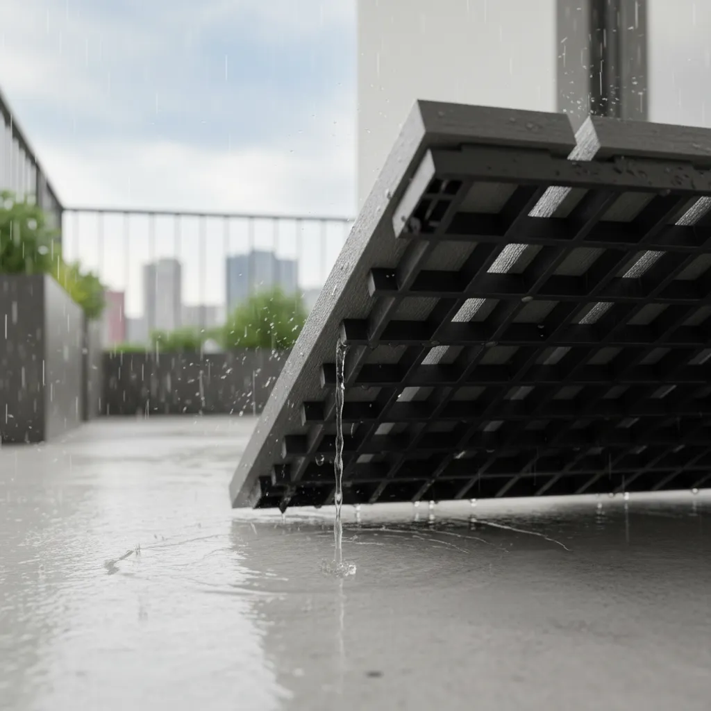 Plastic mesh backing of deck tiles showing drainage functionality