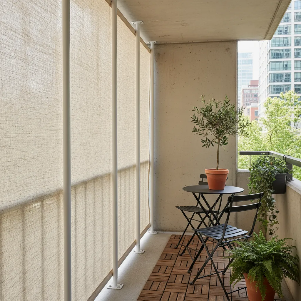 A well-organized apartment balcony with a privacy screen and bistro set.