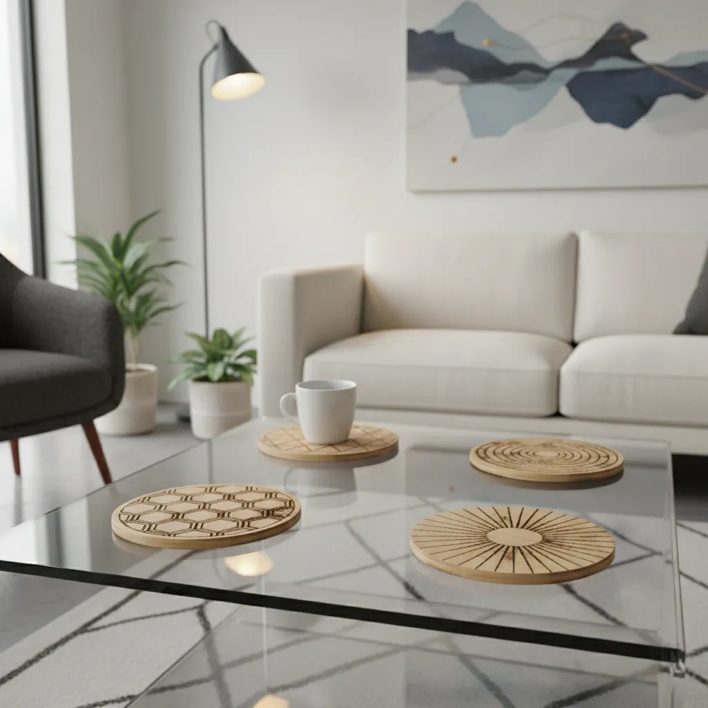 Hand-burned bamboo coasters used in a minimalist living room setting
