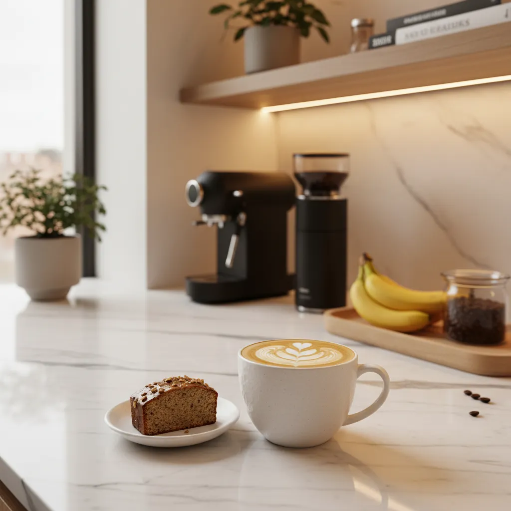 Creamy banana bread breve coffee sitting on a marble counter with warm lighting