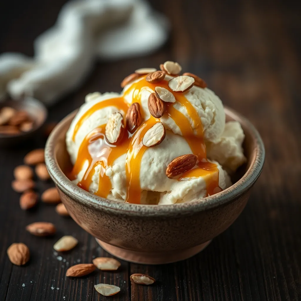A bowl of homemade banana ice cream with almonds and caramel.