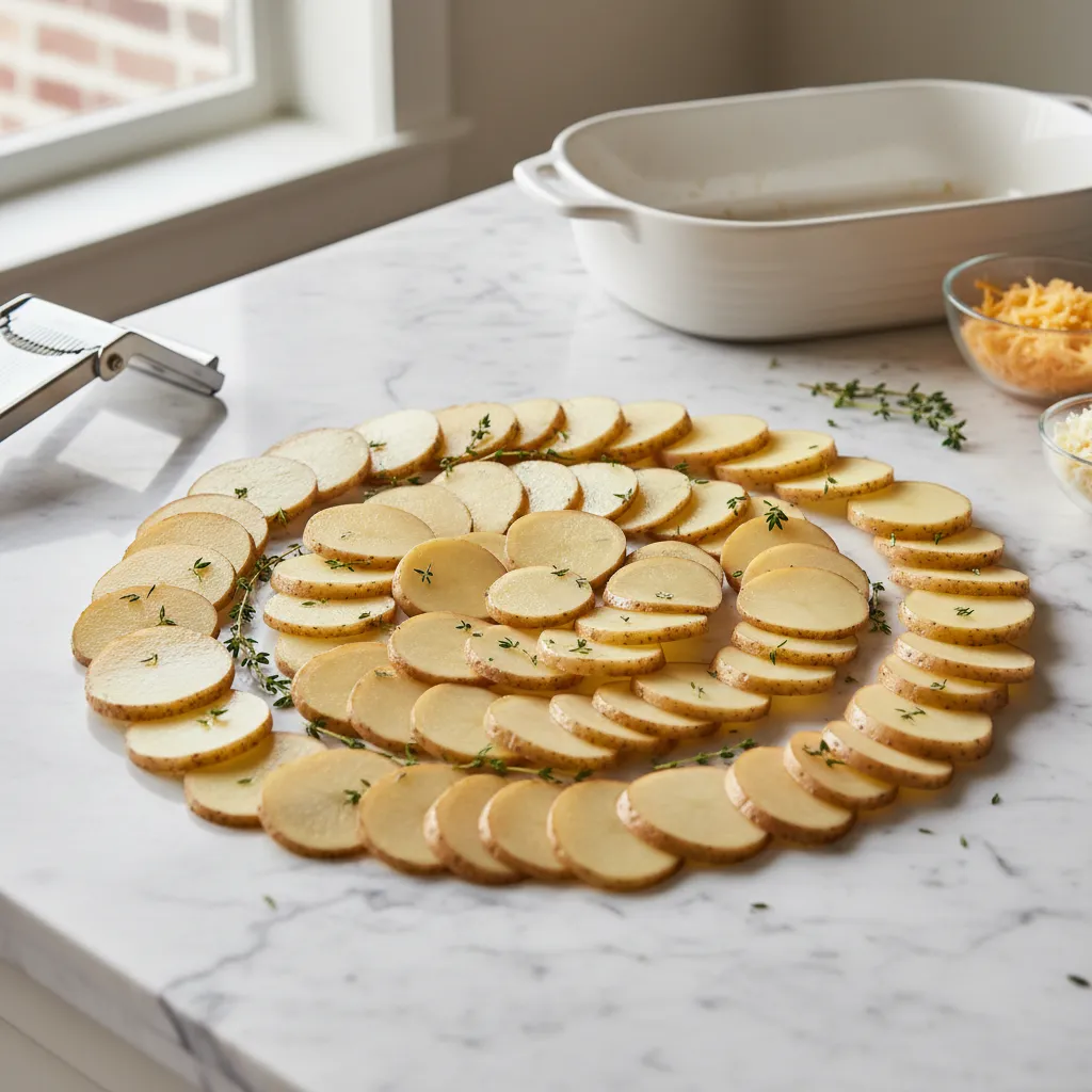 Slices of Russet and Yukon Gold potatoes on marble