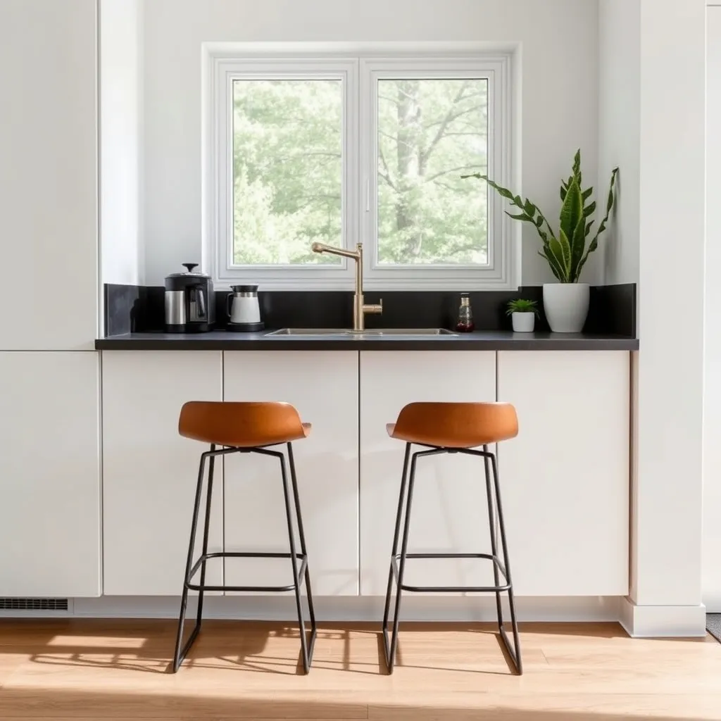 Slim bar stools tucked under a window ledge coffee bar to maximize kitchen floor space.