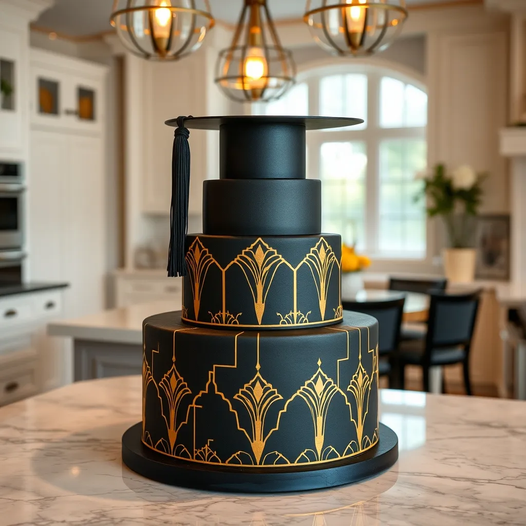 Matte black tiered graduation cake with gold geometric patterns and warm lighting