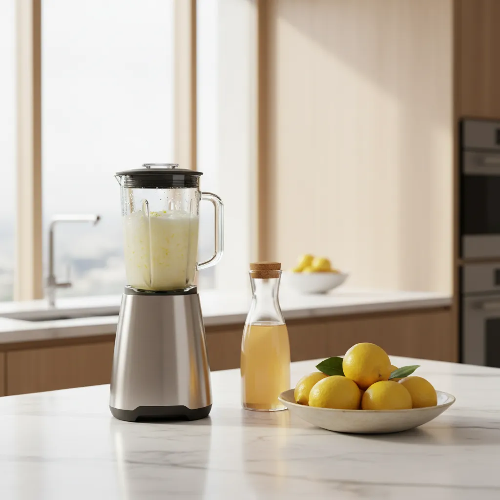 Stainless steel blender with frozen lemon mixture on a modern kitchen countertop