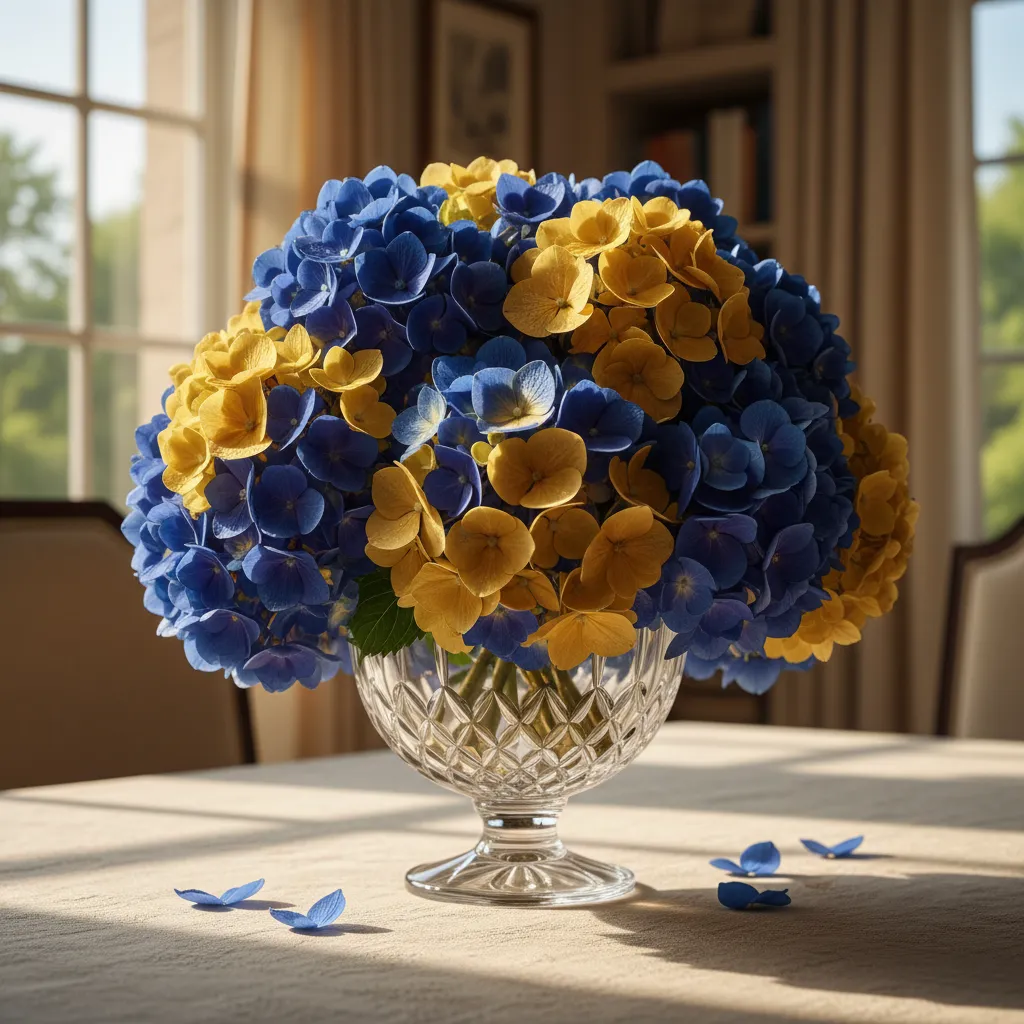 Elegant blue hydrangeas with gold accents on a graduation party table